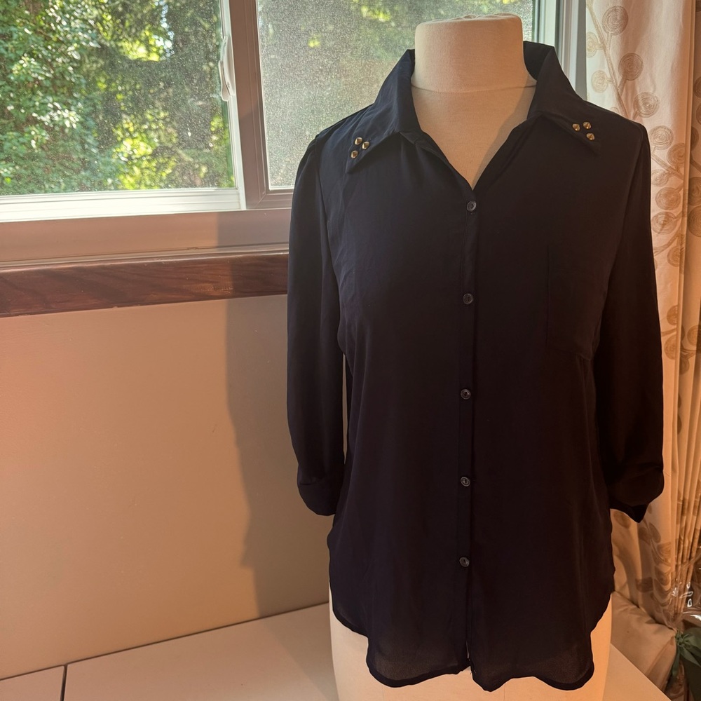 Navy sheer button down with bronze detail